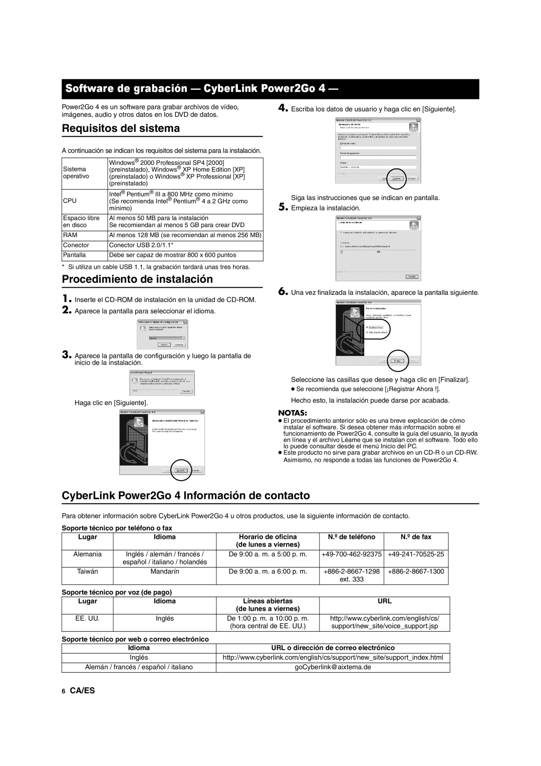 JVC CU-VD10 Software de grabación CyberLink Power2Go, Requisitos del sistema, Procedimiento de instalación 