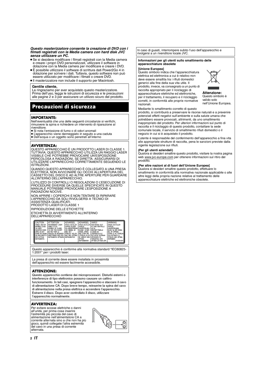 JVC CU-VD10 manuel dutilisation Precauzioni di sicurezza, Gentile cliente, Attenzione, Avvertenza 