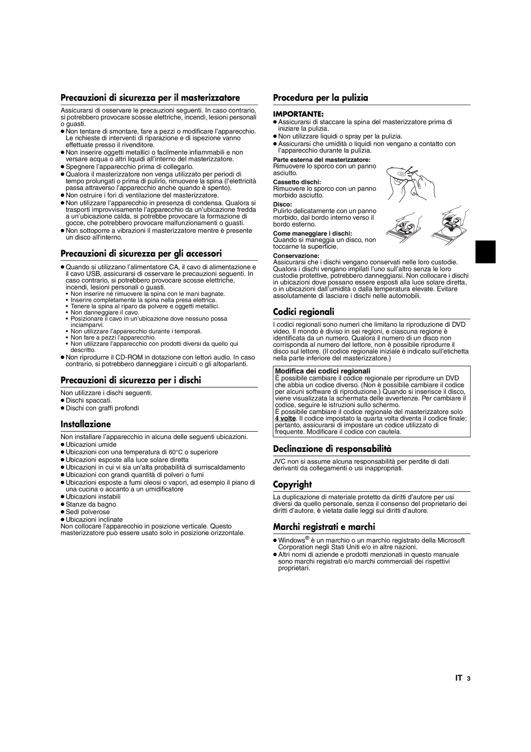 JVC CU-VD10 Precauzioni di sicurezza per il masterizzatore, Precauzioni di sicurezza per gli accessori, Installazione 