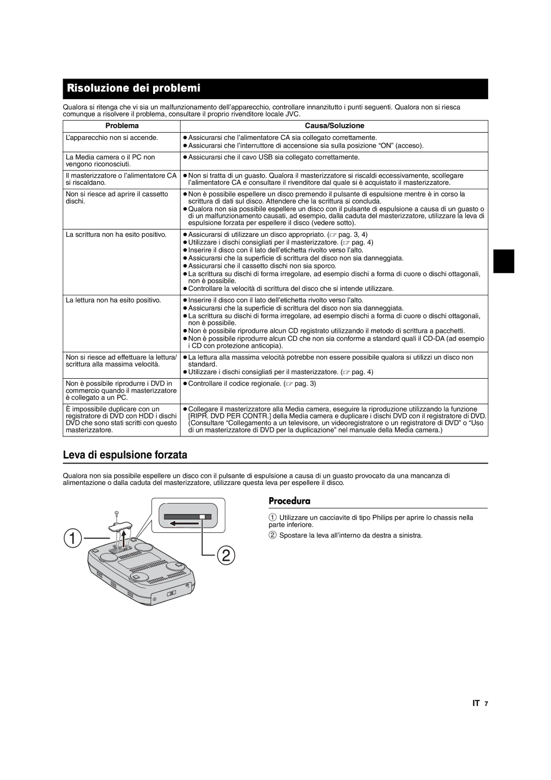 JVC CU-VD10 manuel dutilisation Risoluzione dei problemi, Leva di espulsione forzata, Procedura, Problema Causa/Soluzione 