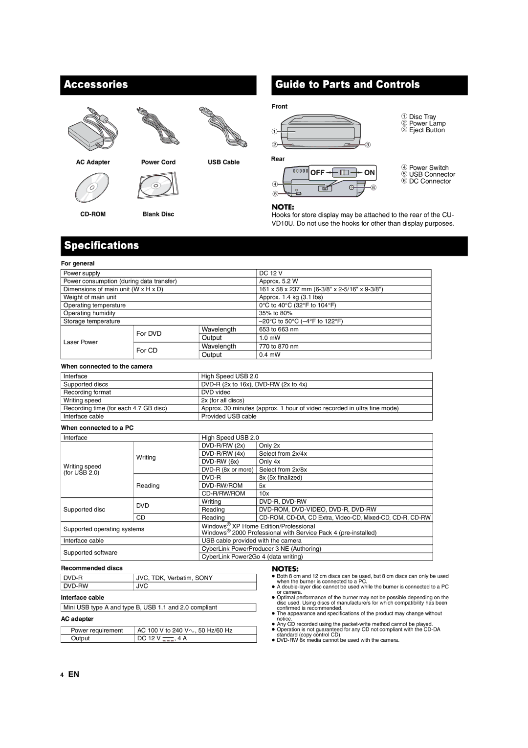 JVC CU-VD10 manuel dutilisation Accessories Guide to Parts and Controls, Specifications 