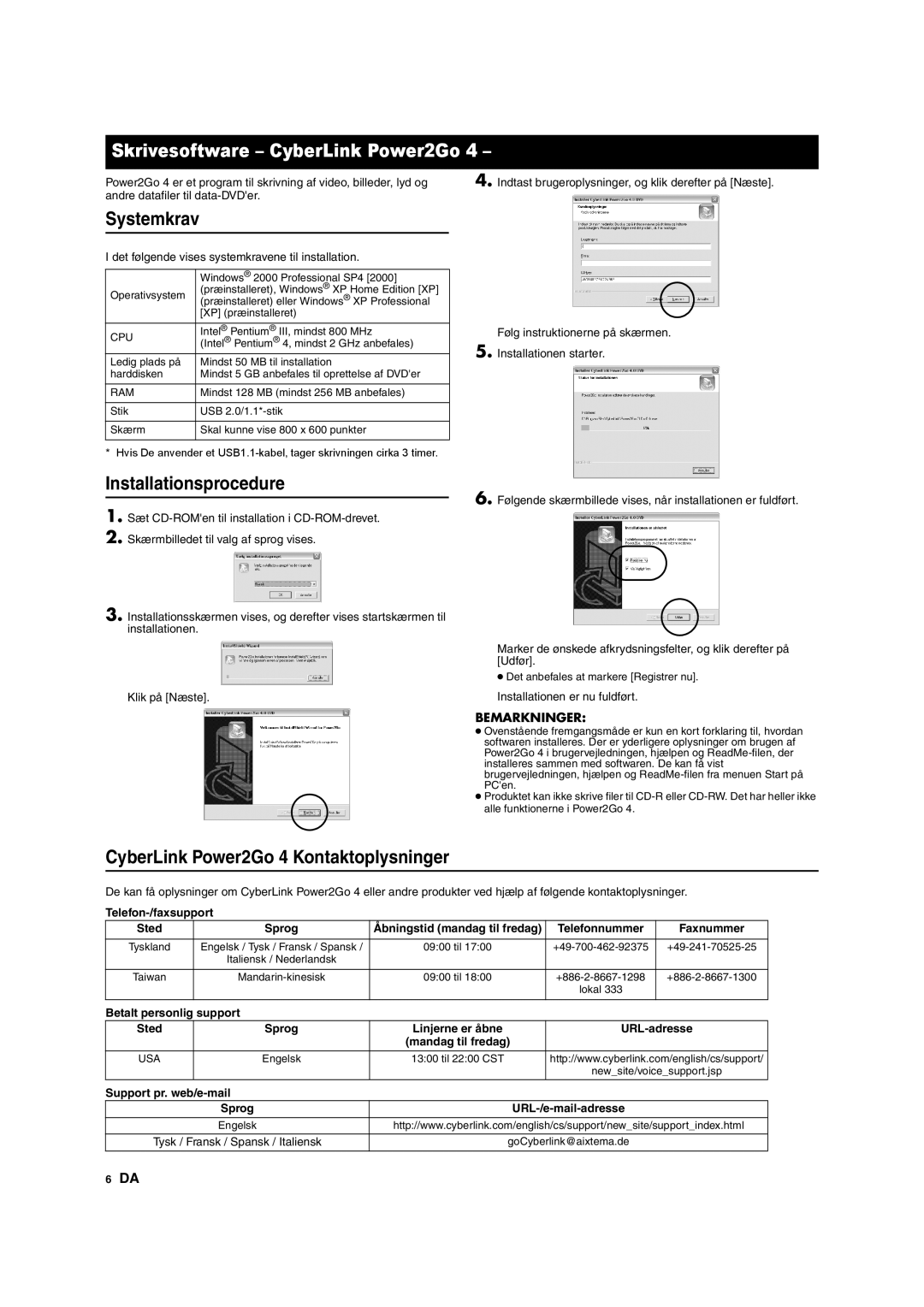 JVC CU-VD10 Skrivesoftware CyberLink Power2Go, Systemkrav, Installationsprocedure, CyberLink Power2Go 4 Kontaktoplysninger 