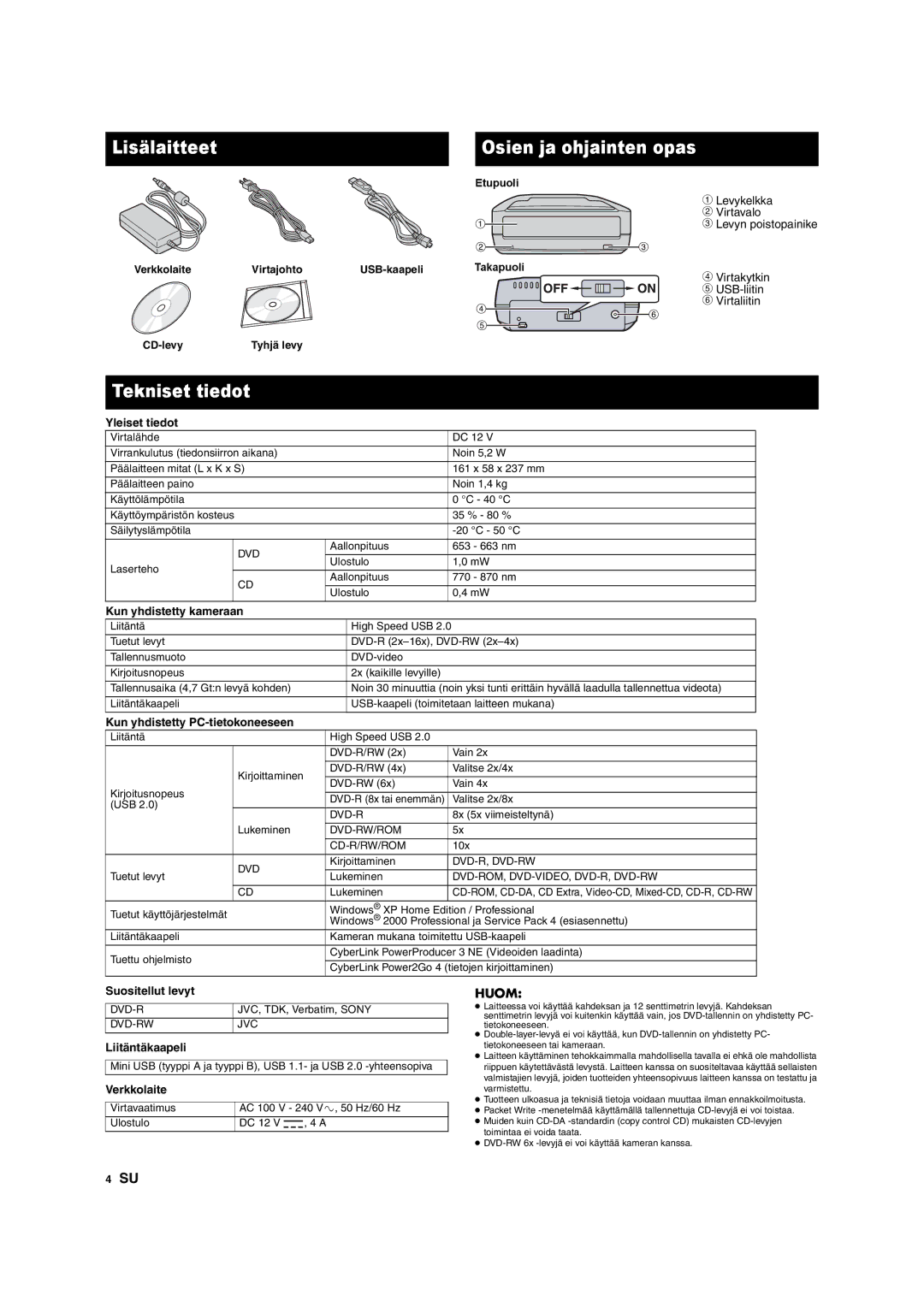 JVC CU-VD10 manuel dutilisation Lisälaitteet, Tekniset tiedot, Huom 