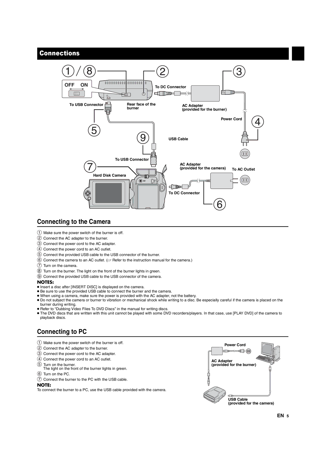 JVC CU-VD10 manuel dutilisation Connections, Connecting to the Camera, Connecting to PC, Hard Disk Camera To DC Connector 