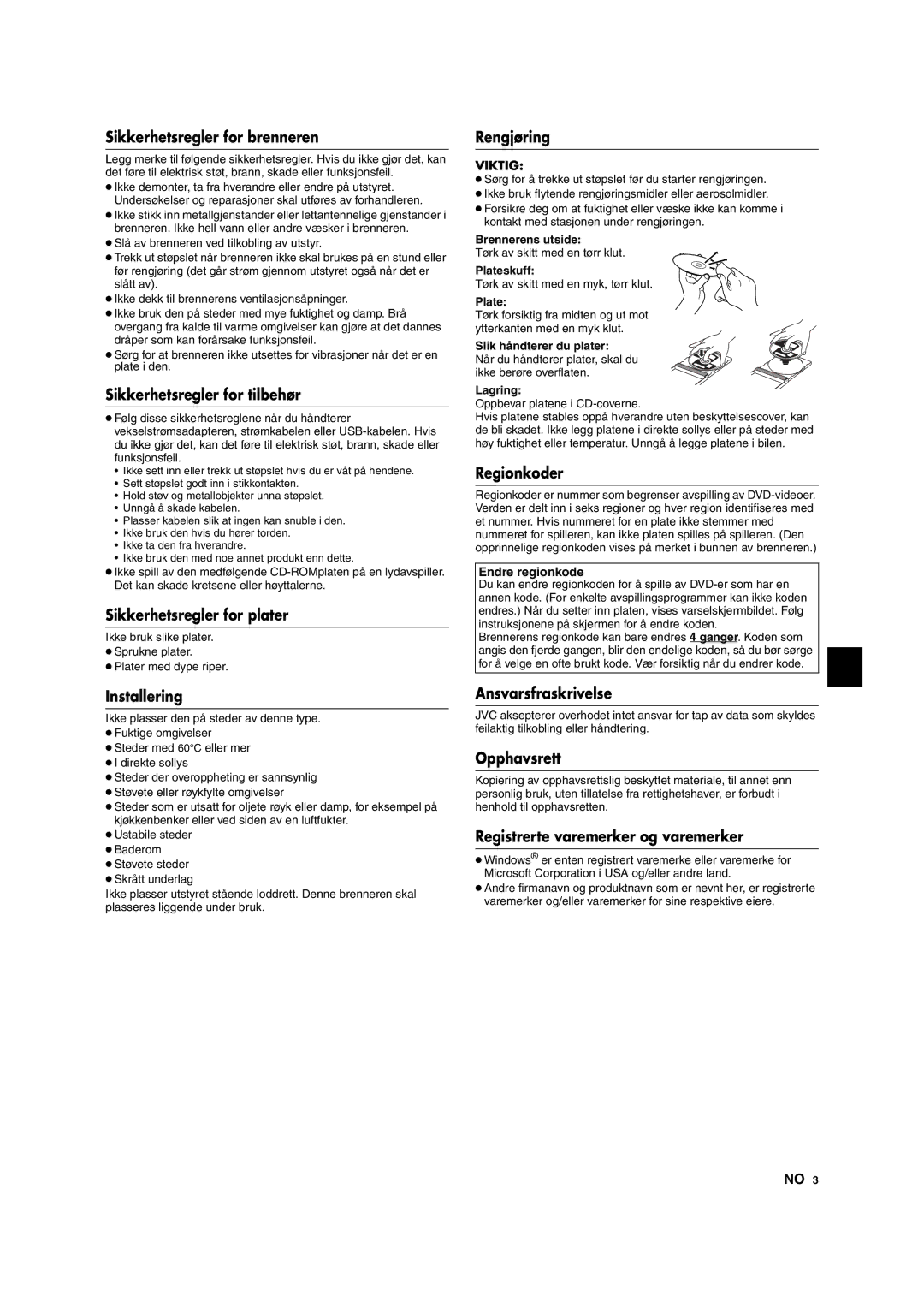 JVC CU-VD10 Sikkerhetsregler for brenneren, Sikkerhetsregler for tilbehør, Sikkerhetsregler for plater, Installering 