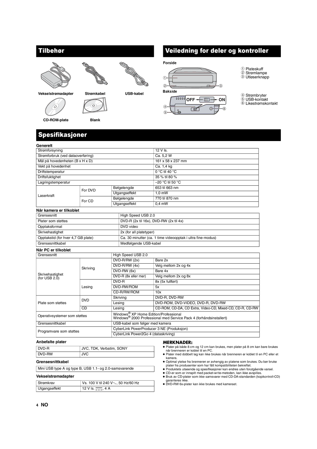 JVC CU-VD10 manuel dutilisation Spesifikasjoner, Merknader 