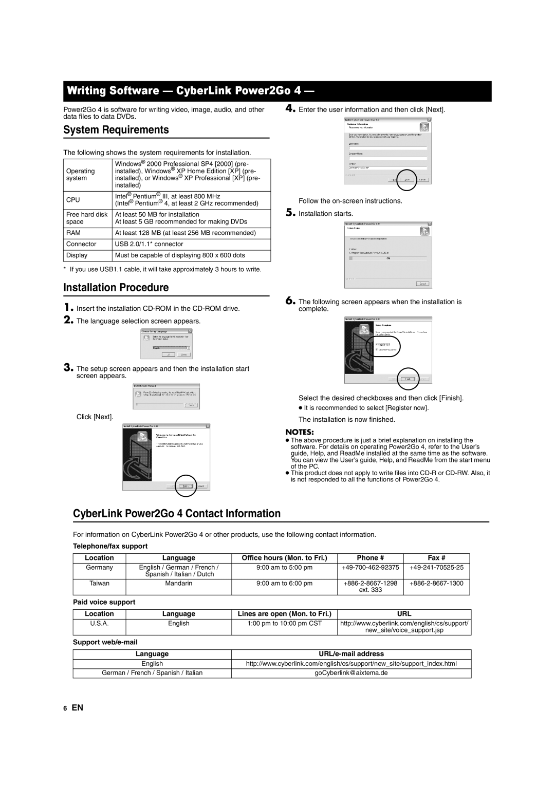 JVC CU-VD10 Writing Software CyberLink Power2Go, System Requirements, Installation Procedure, Support web/e-mail 