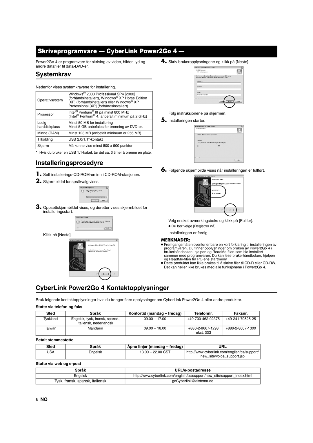 JVC CU-VD10 Skriveprogramvare CyberLink Power2Go, Installeringsprosedyre, CyberLink Power2Go 4 Kontaktopplysninger 