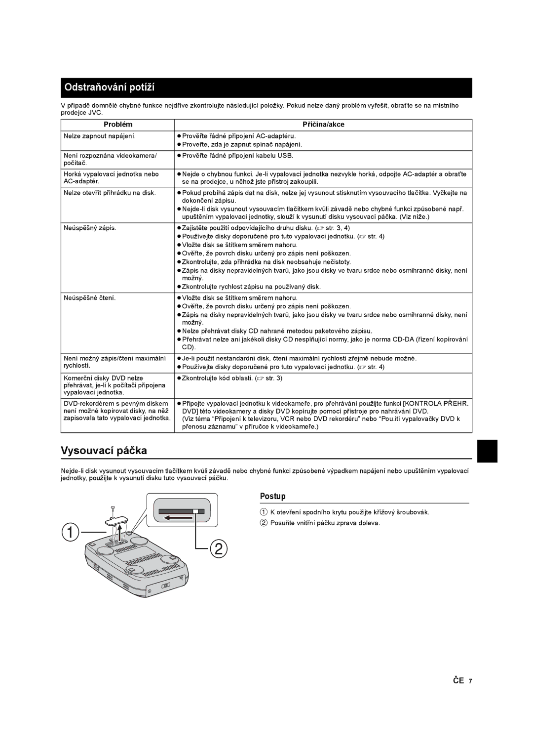 JVC CU-VD10 manuel dutilisation Odstraňování potíží, Vysouvací páčka, Postup, Problém Příčina/akce 