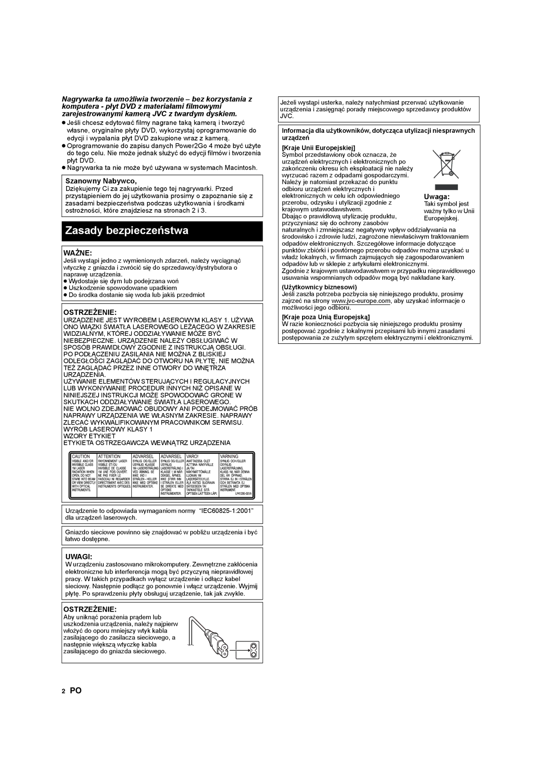 JVC CU-VD10 manuel dutilisation Zasady bezpieczeństwa, Szanowny Nabywco, Ważne, Ostrzeżenie, Uwagi 