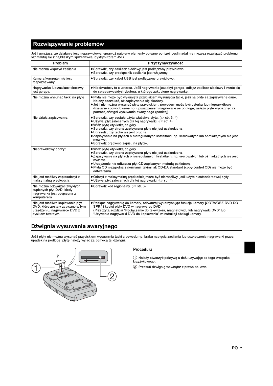 JVC CU-VD10 manuel dutilisation Rozwiązywanie problemów, Dźwignia wysuwania awaryjnego, Problem Przyczyna/czynność 