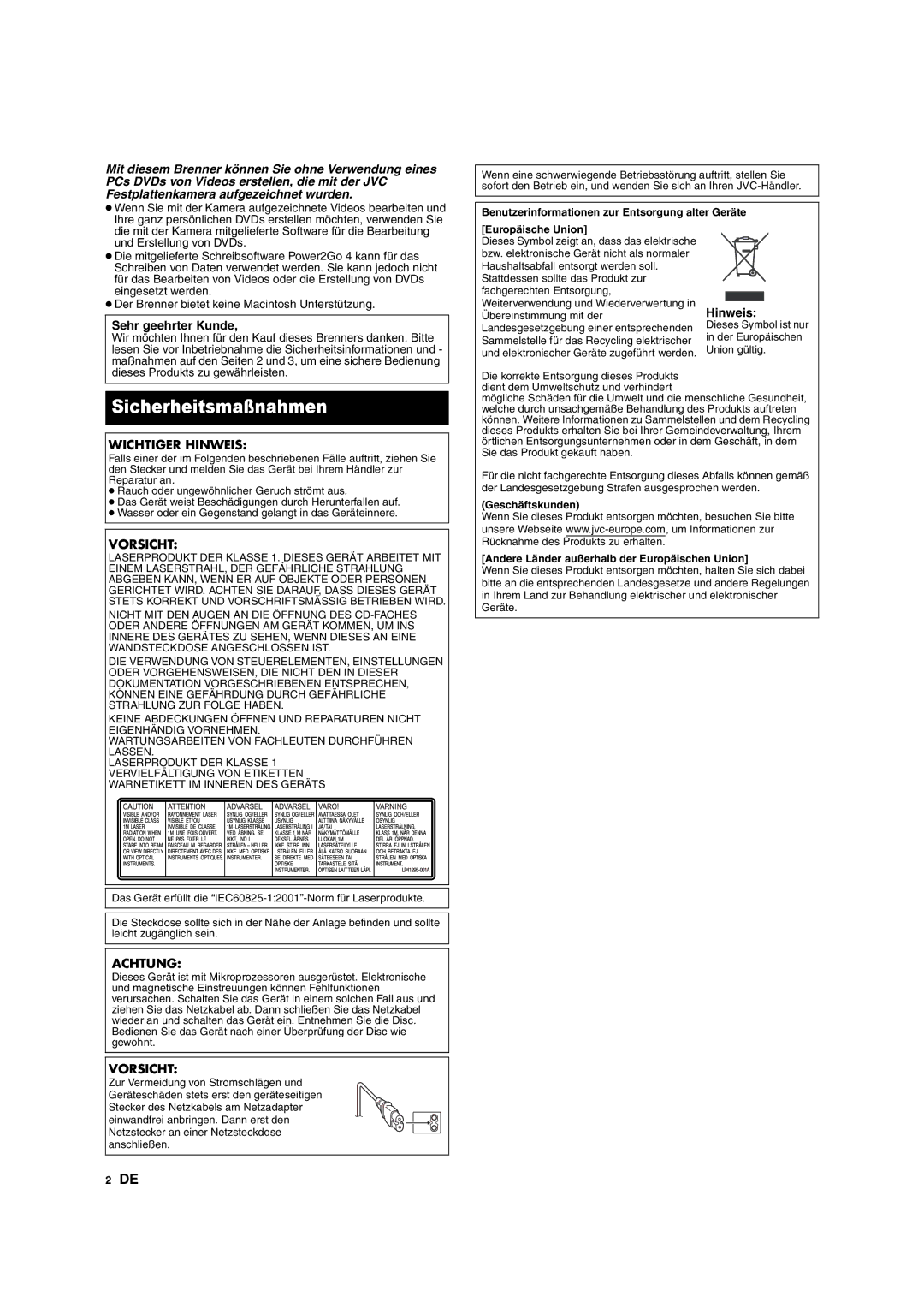 JVC CU-VD10 manuel dutilisation Sicherheitsmaßnahmen, Wichtiger Hinweis, Vorsicht, Achtung 