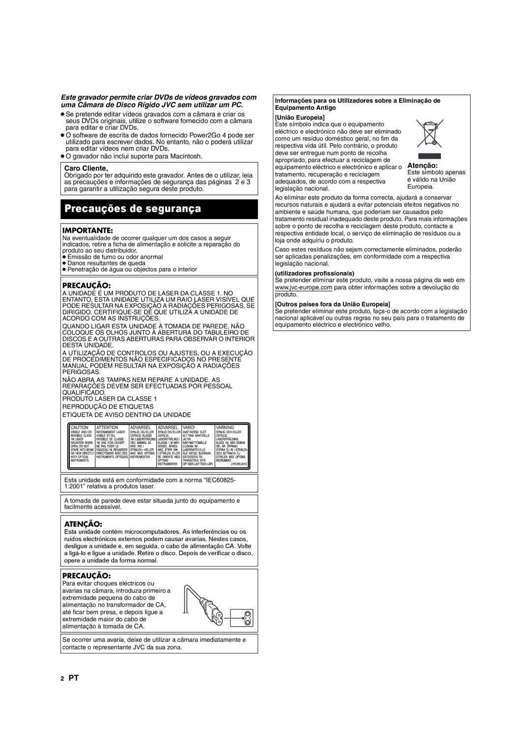 JVC CU-VD10 manuel dutilisation Precauções de segurança, Caro Cliente, Atenção, Precaução 