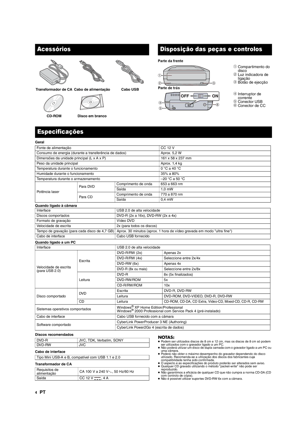 JVC CU-VD10 manuel dutilisation Acessórios, Especificações 