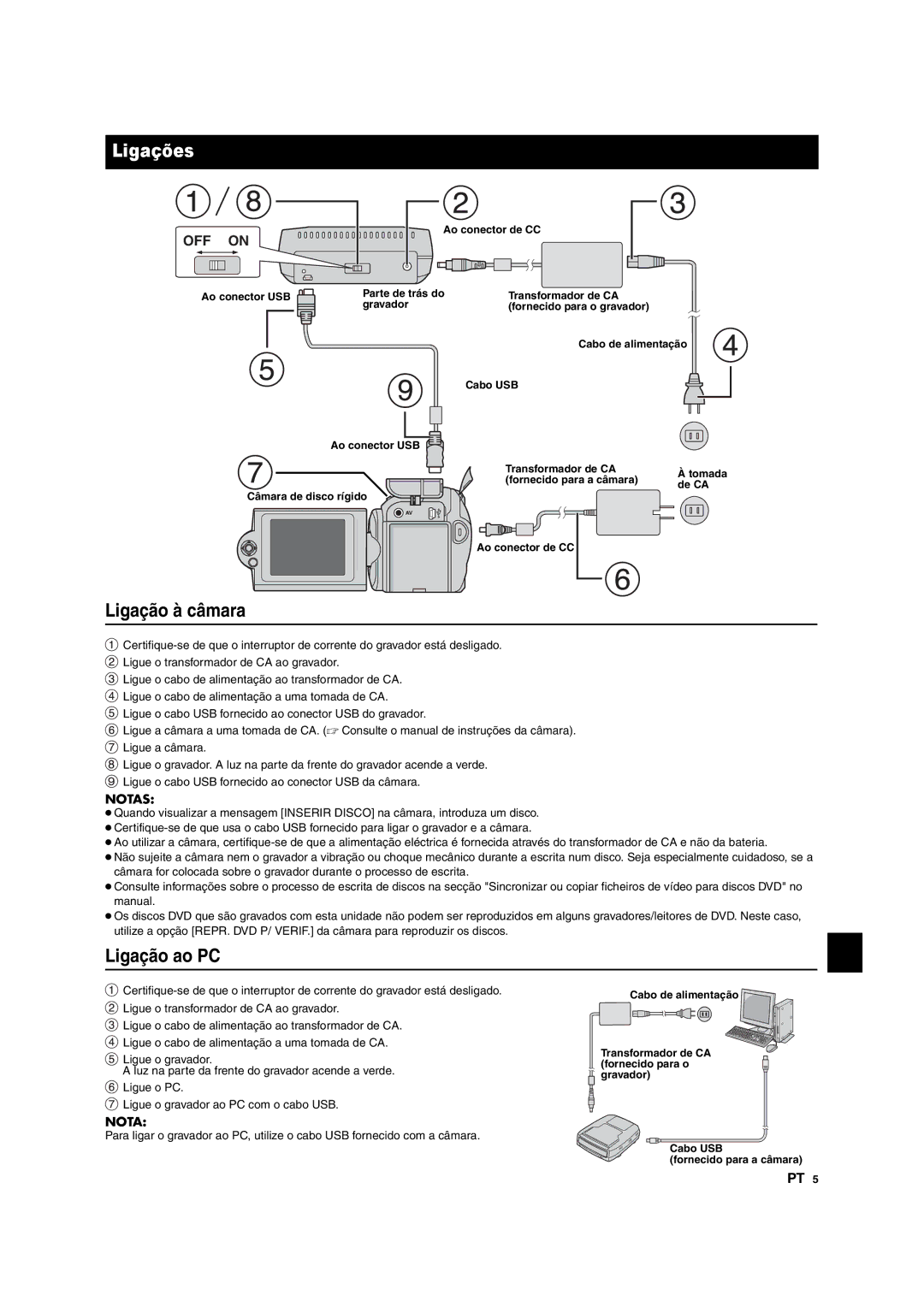 JVC CU-VD10 manuel dutilisation Ligações, Ligação à câmara, Ligação ao PC, Ao conector de CC 