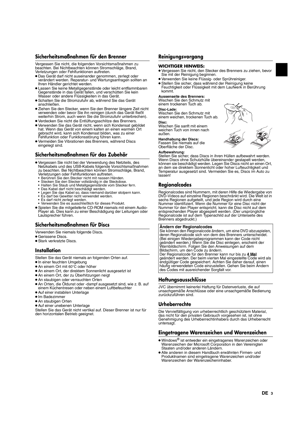 JVC CU-VD10 Sicherheitsmaßnahmen für den Brenner, Sicherheitsmaßnahmen für das Zubehör, Sicherheitsmaßnahmen für Discs 