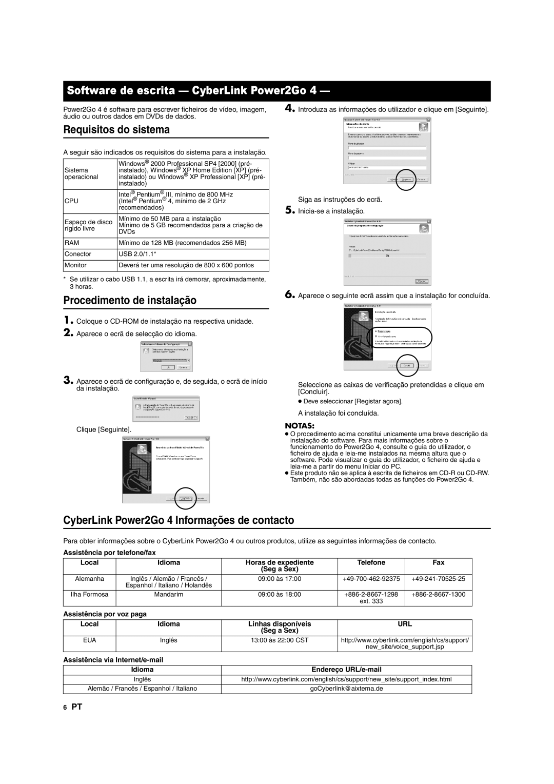 JVC CU-VD10 manuel dutilisation Software de escrita CyberLink Power2Go, Requisitos do sistema, Procedimento de instalação 