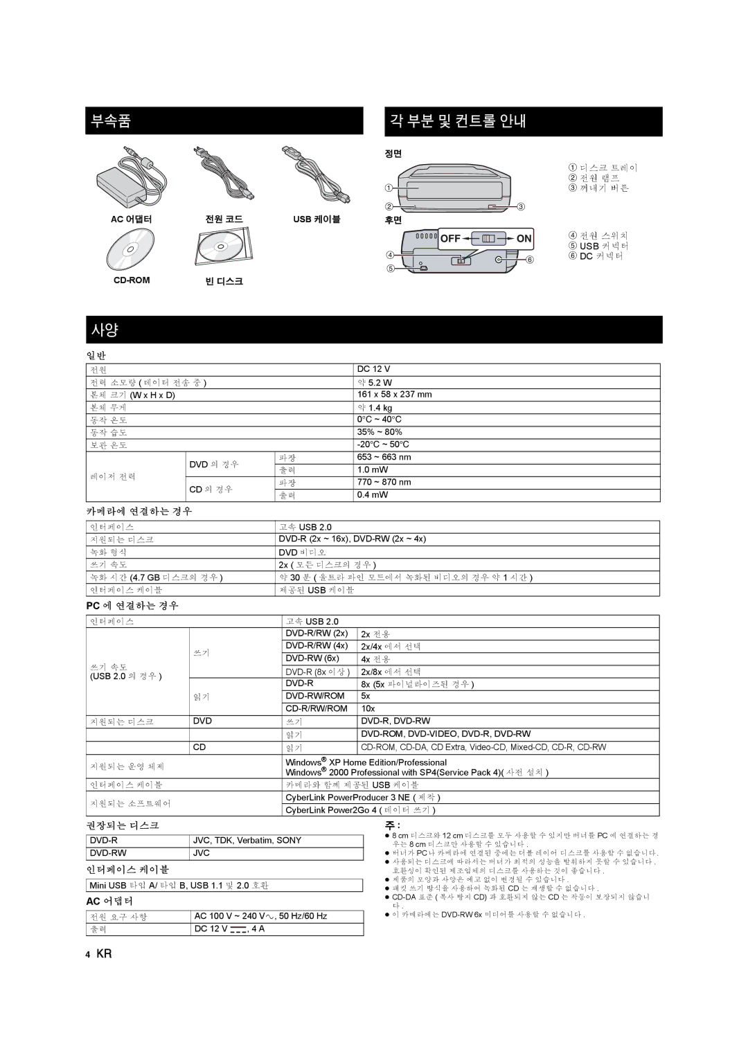 JVC CU-VD10 manuel dutilisation 부속품 부분 및 컨트롤 안내, Ac 어댑터 