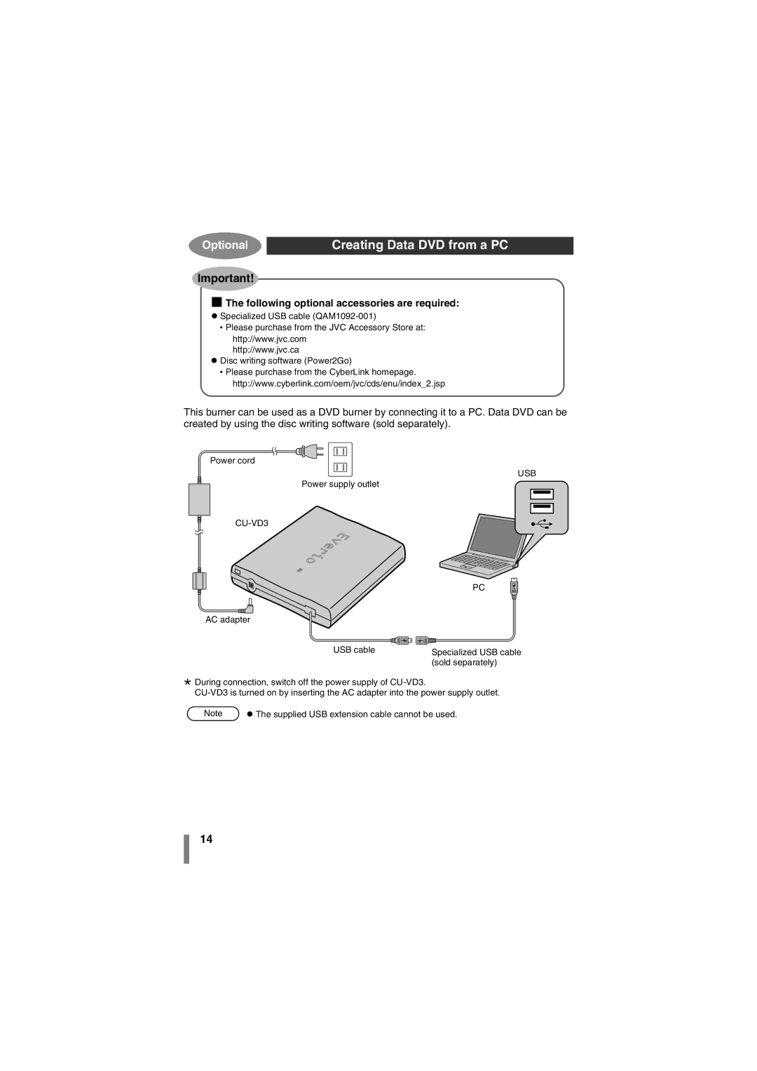 JVC CU-VD3U manuel dutilisation Creating Data DVD from a PC, Following optional accessories are required 