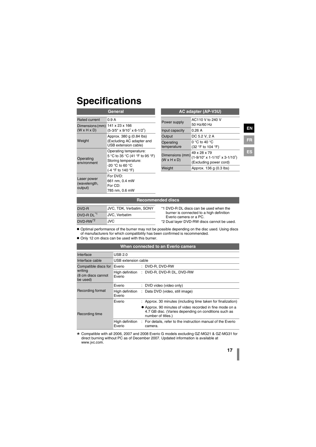 JVC CU-VD3U manuel dutilisation Specifications, General 