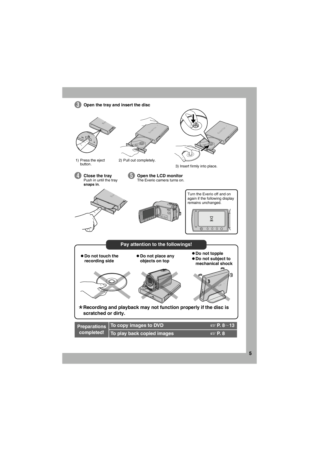 JVC CU-VD3U manuel dutilisation Open the tray and insert the disc, Close the tray, Open the LCD monitor, ZDo not topple 