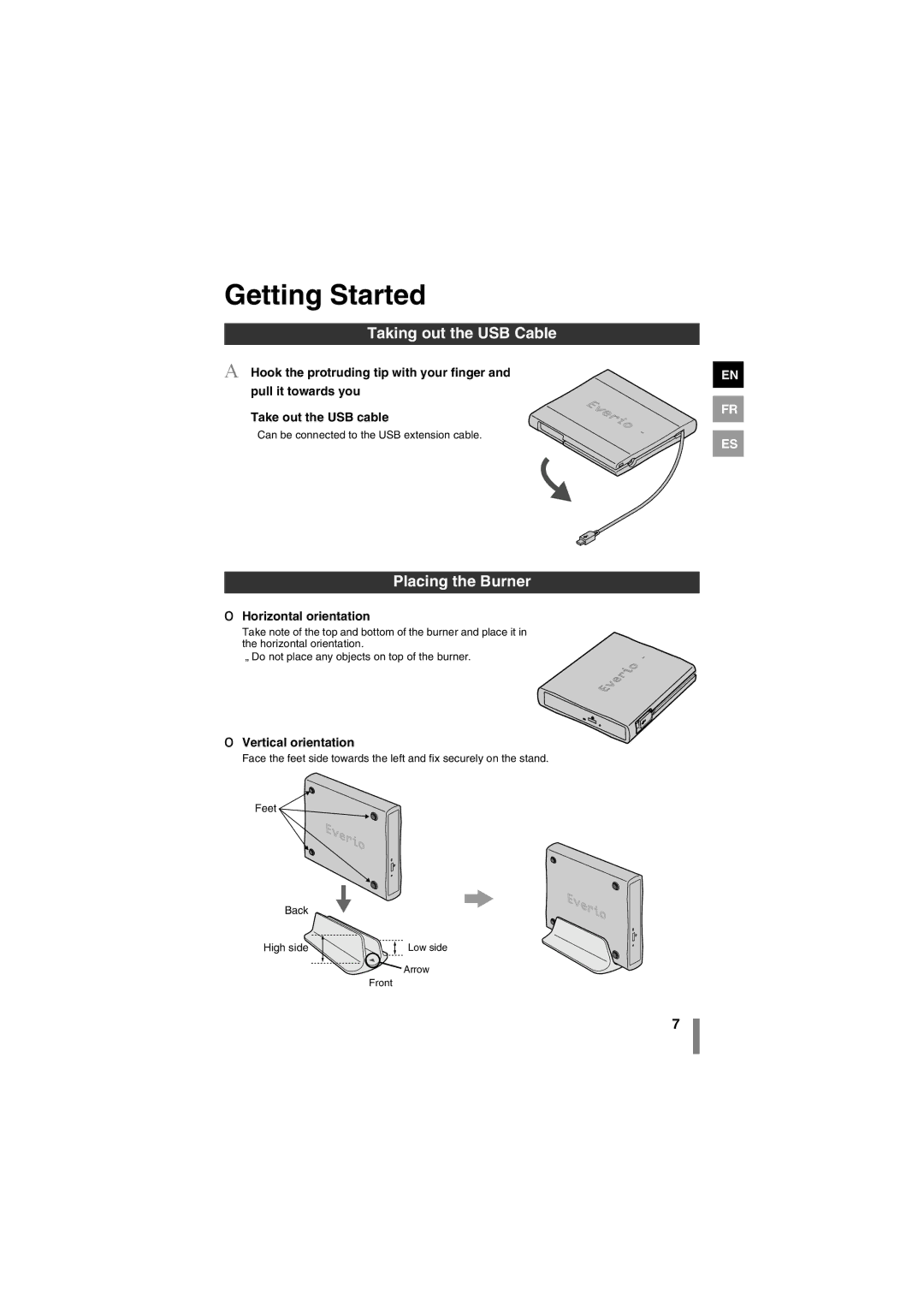 JVC CU-VD3U Getting Started, Taking out the USB Cable, Placing the Burner, Horizontal orientation, Vertical orientation 