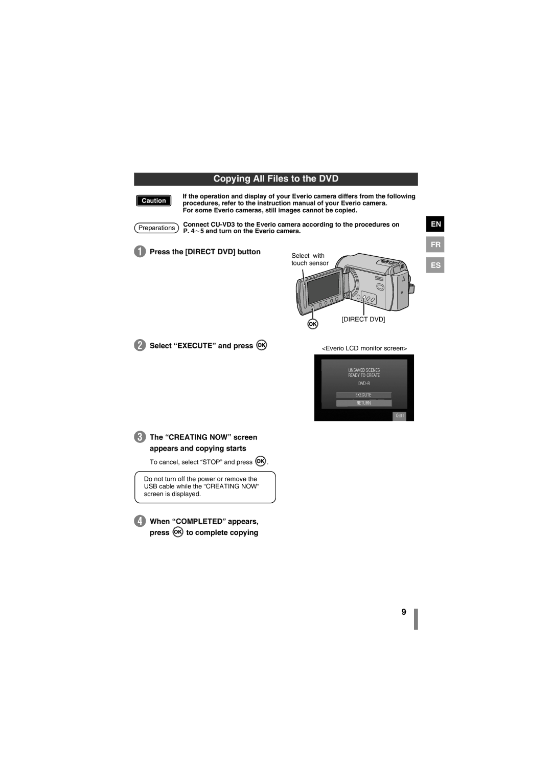 JVC CU-VD3U manuel dutilisation Copying All Files to the DVD, When Completed appears 