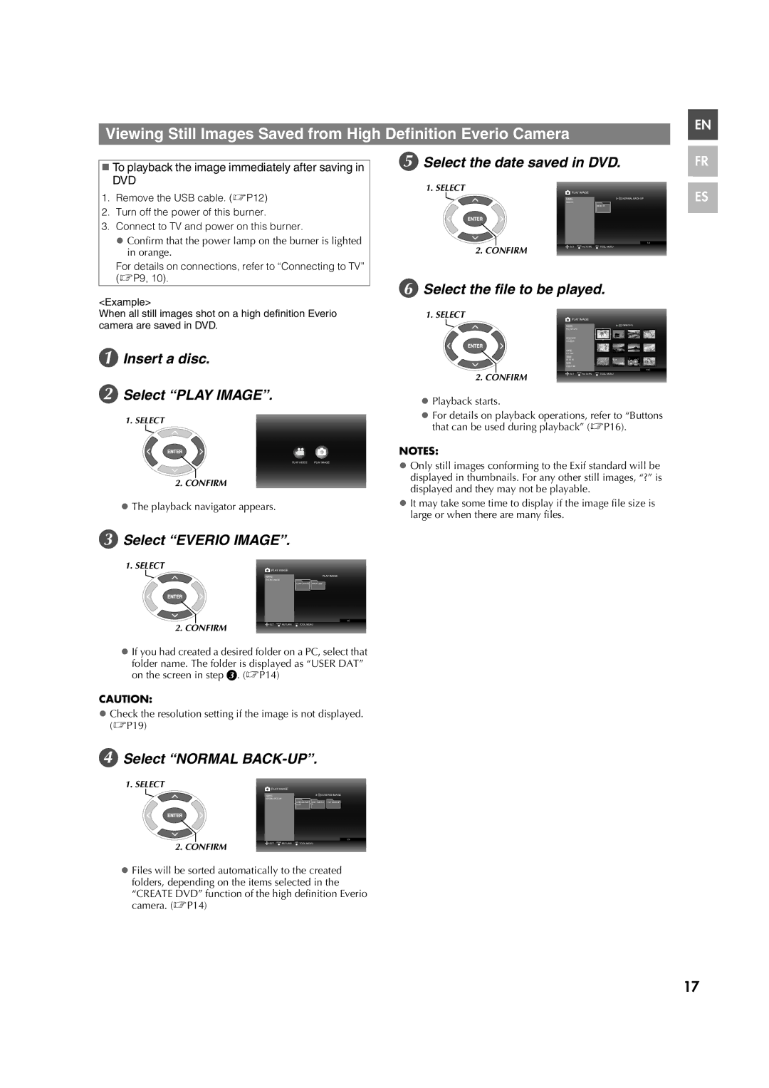 JVC 0307MNH-SW-BJ, CU-VD40U Insert a disc Select Play Image, Select the file to be played, Select Everio Image 