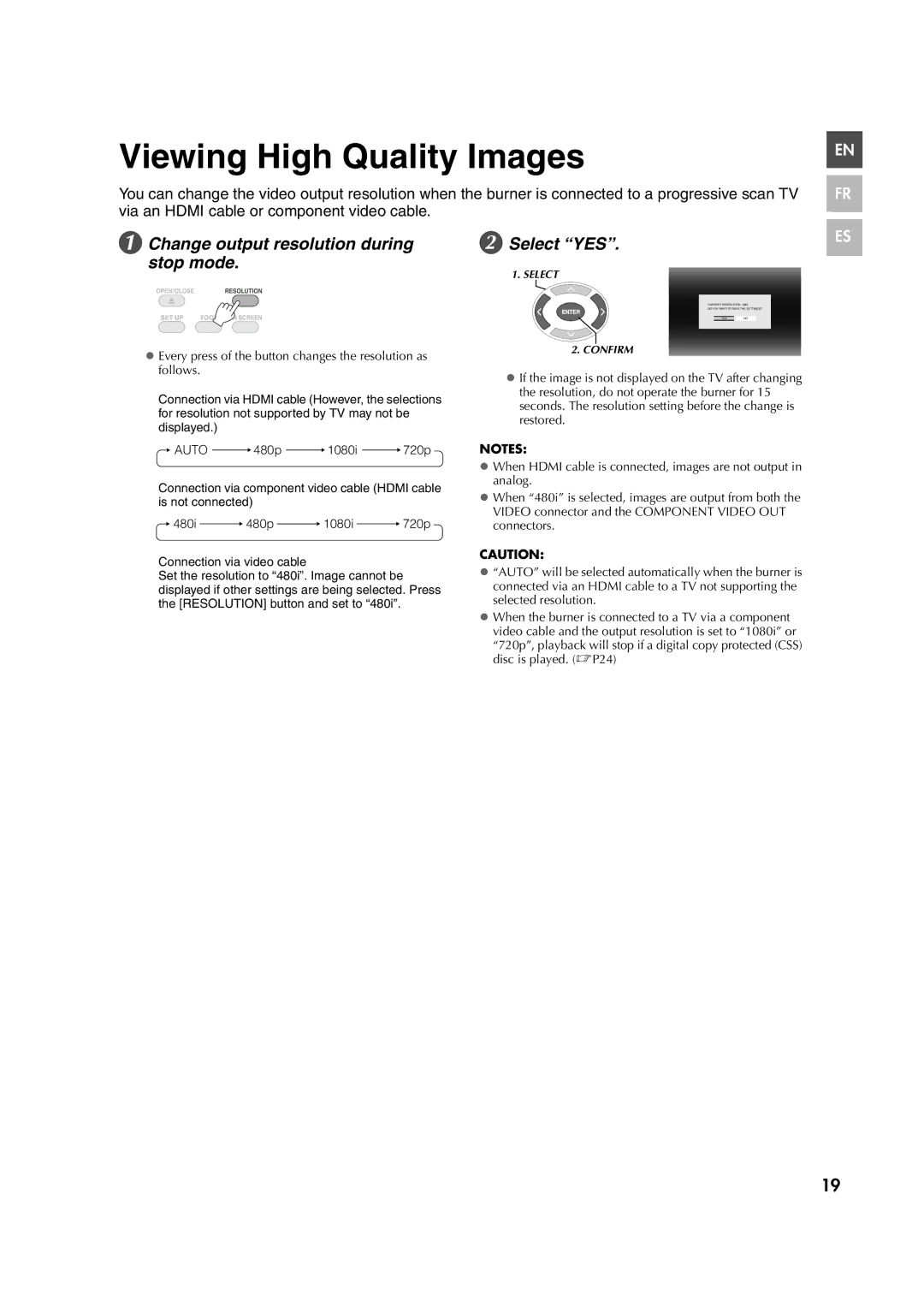 JVC 0307MNH-SW-BJ, CU-VD40U Viewing High Quality Images, Change output resolution during stop mode, Select YES 