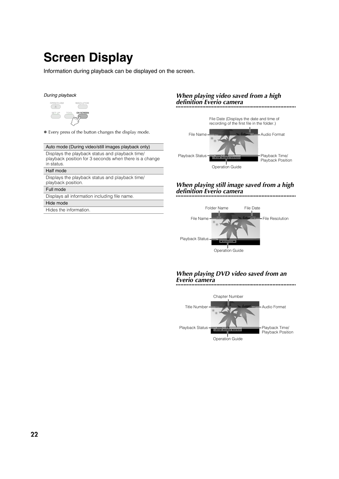 JVC CU-VD40U, 0307MNH-SW-BJ manuel dutilisation Screen Display, When playing DVD video saved from an Everio camera 