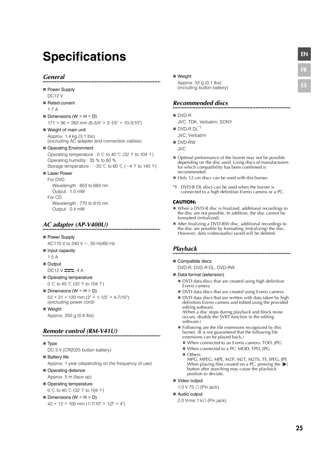 JVC 0307MNH-SW-BJ, CU-VD40U manuel dutilisation Specifications 