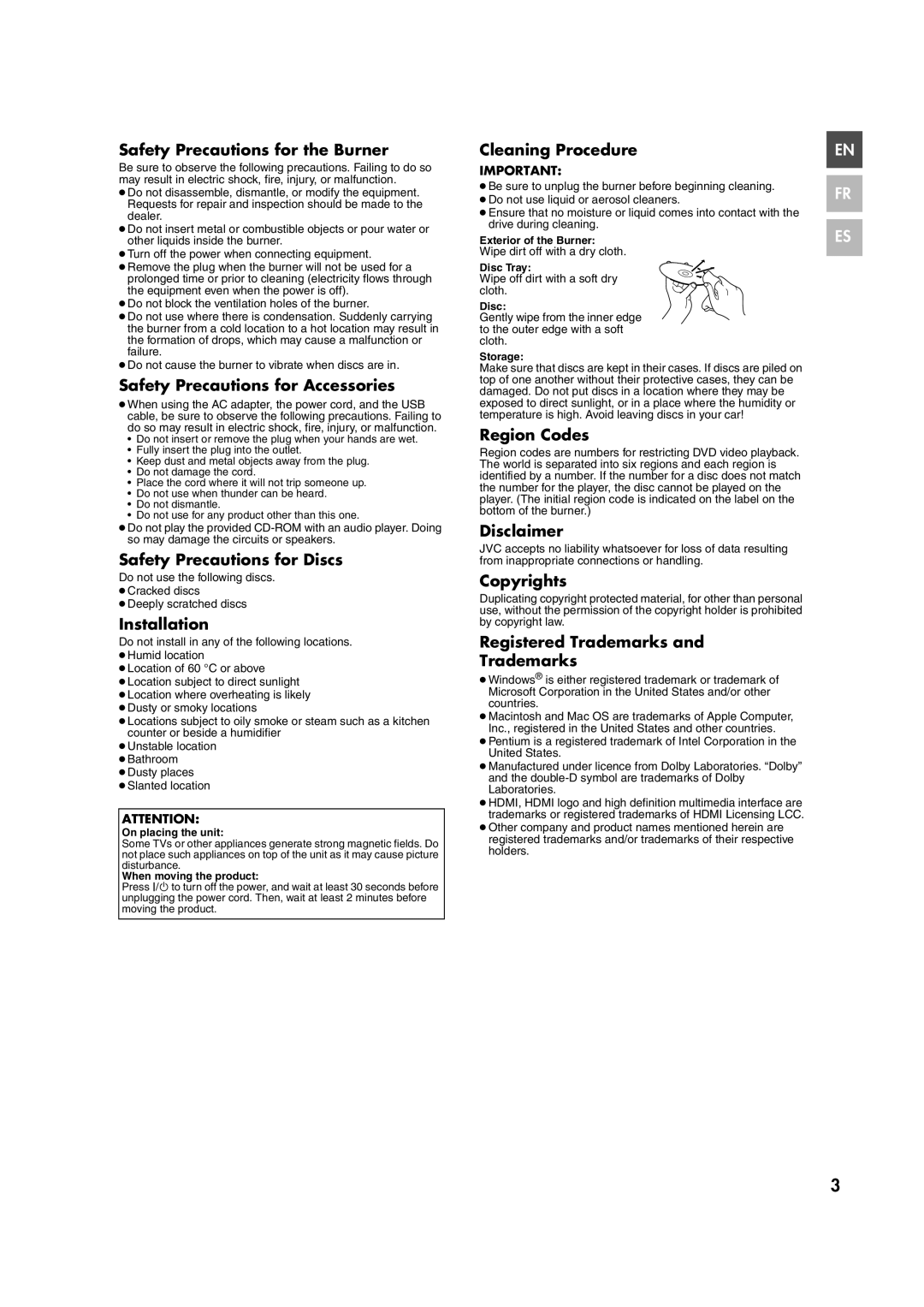 JVC 0307MNH-SW-BJ, CU-VD40U manuel dutilisation Safety Precautions for Discs 