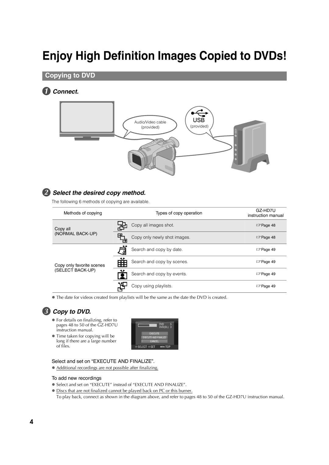 JVC CU-VD40U Enjoy High Definition Images Copied to DVDs, Copying to DVD, Connect, Select the desired copy method 