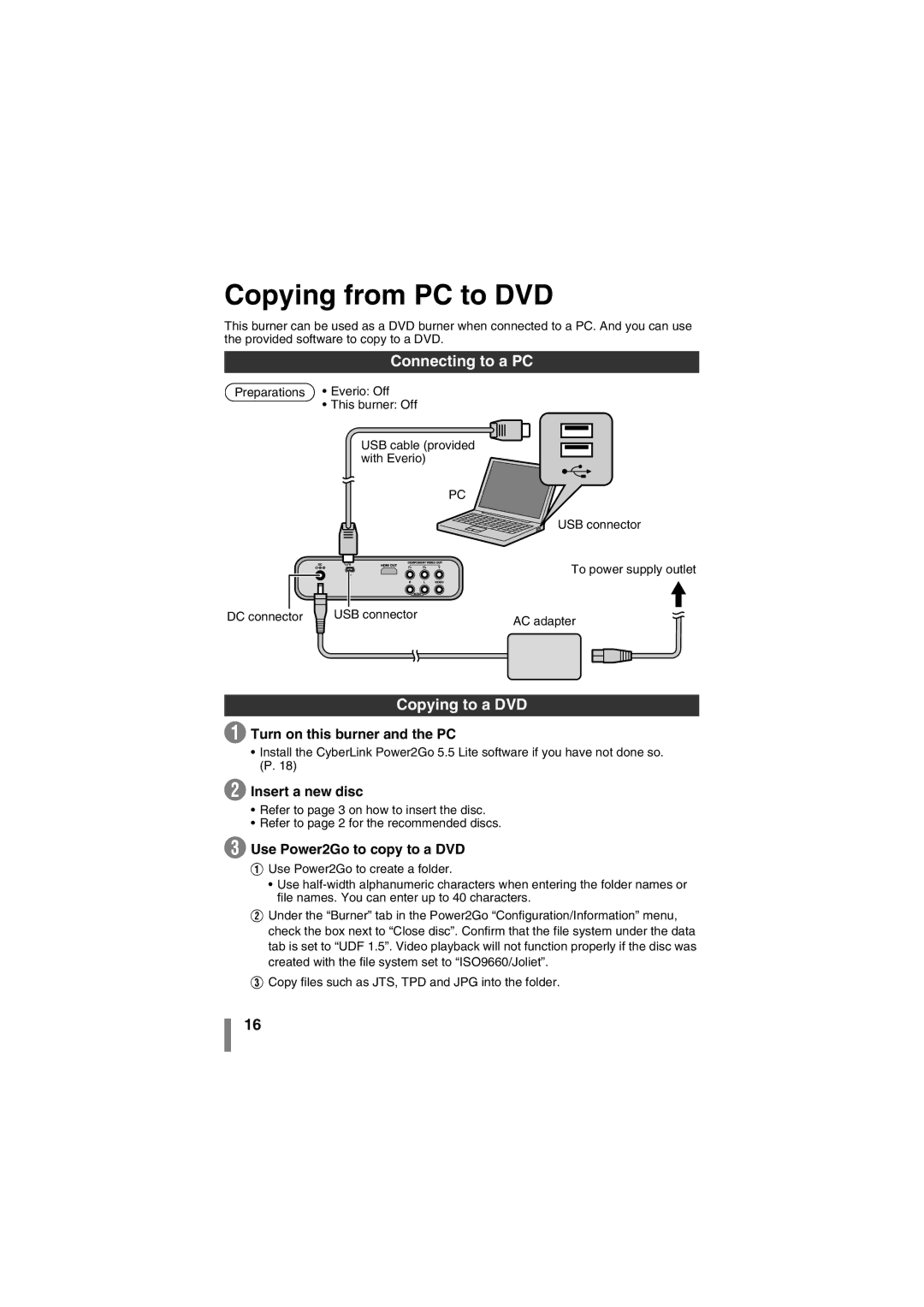 JVC CU-VD50AA manual Copying from PC to DVD, Connecting to a PC, Copying to a DVD, Turn on this burner and the PC 