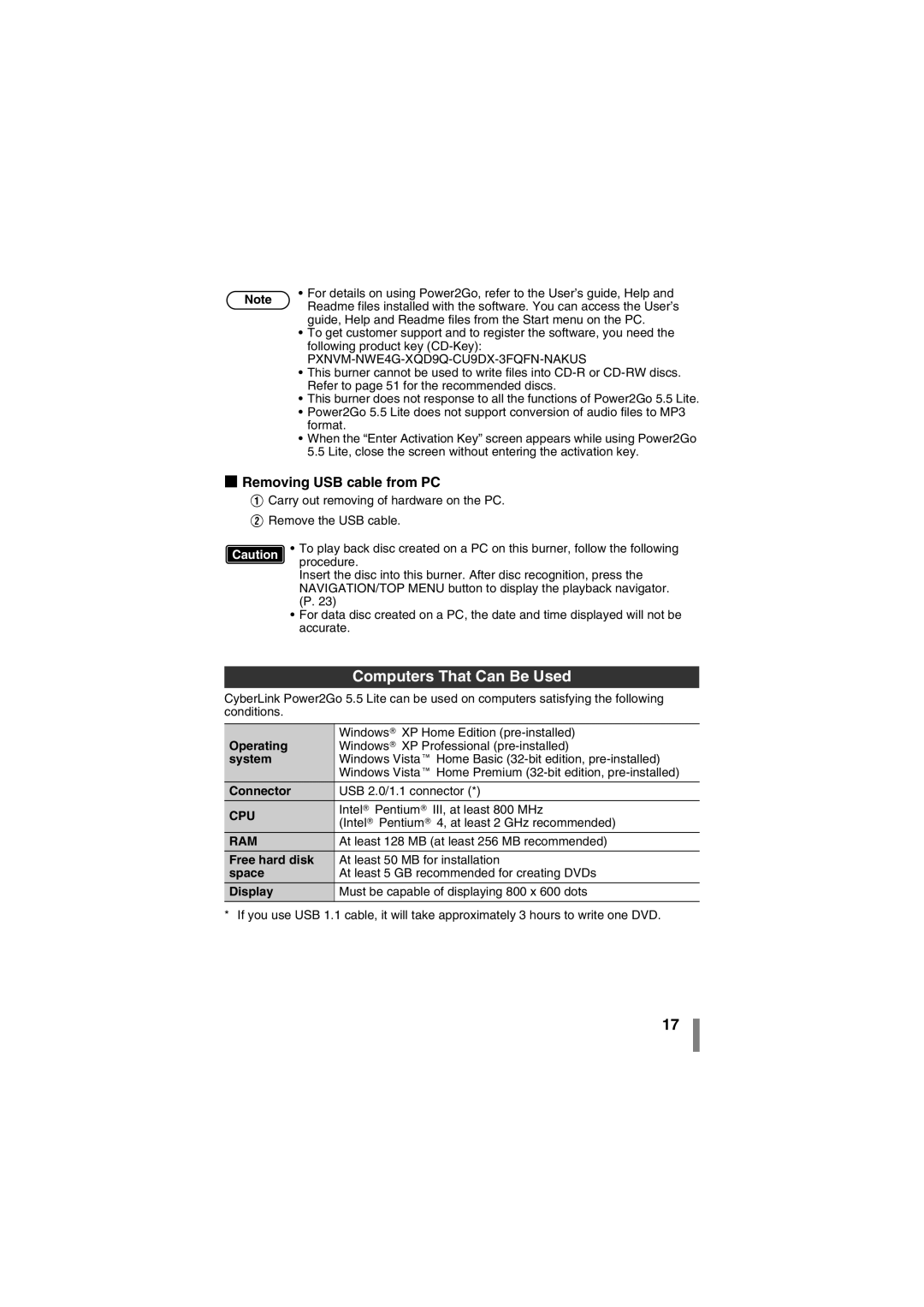 JVC CU-VD50AA manual Computers That Can Be Used, Removing USB cable from PC 