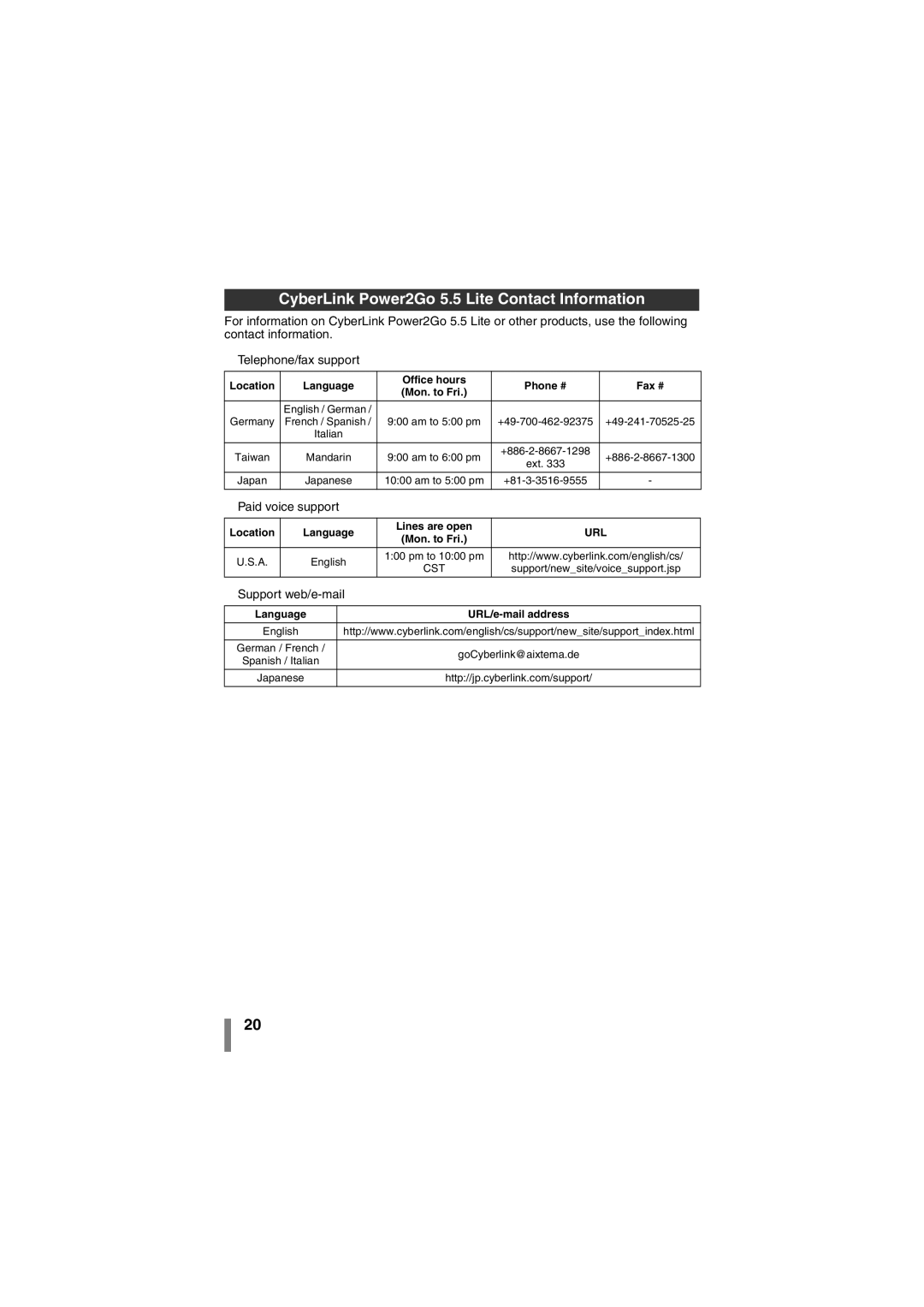 JVC CU-VD50AA manual CyberLink Power2Go 5.5 Lite Contact Information, Location Language Office hours Phone # Fax # 