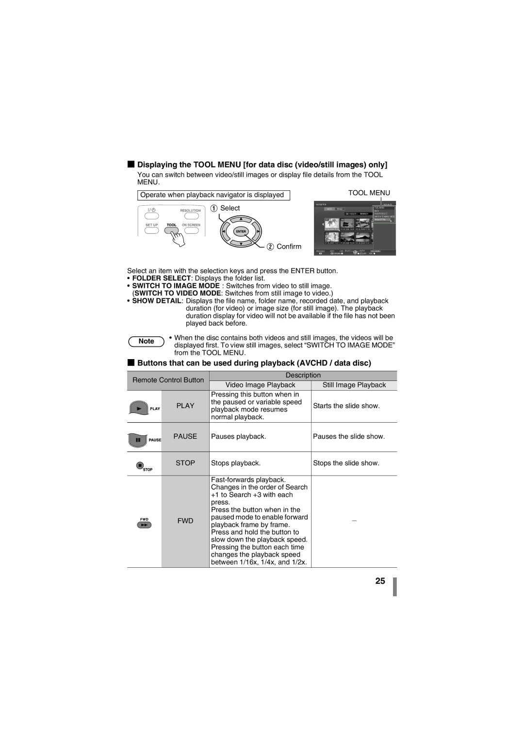 JVC CU-VD50AA manual Buttons that can be used during playback Avchd / data disc, Tool Menu, Pause, Stop, Fwd 