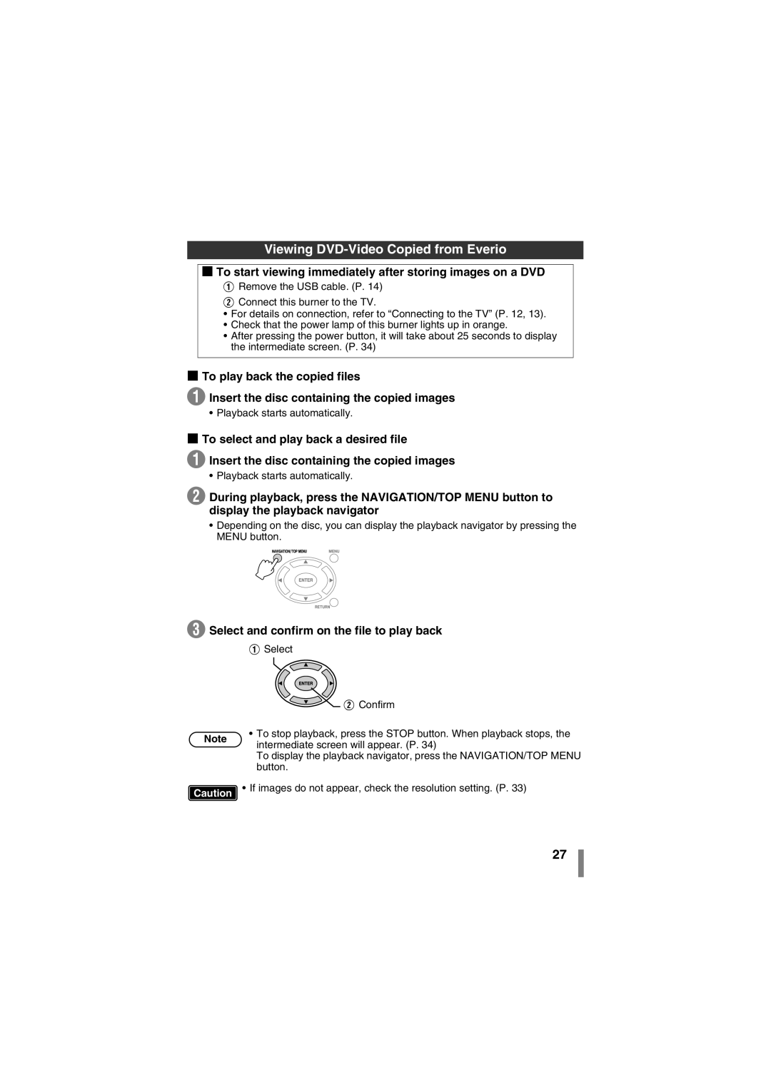 JVC CU-VD50AA manual Viewing DVD-Video Copied from Everio, Select and confirm on the file to play back 