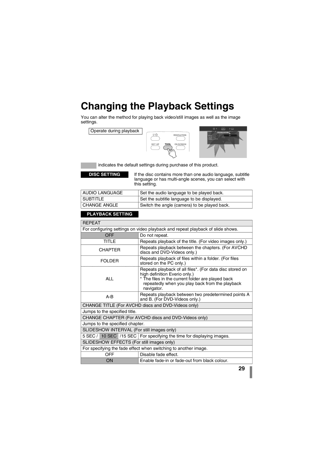 JVC CU-VD50AA manual Changing the Playback Settings 