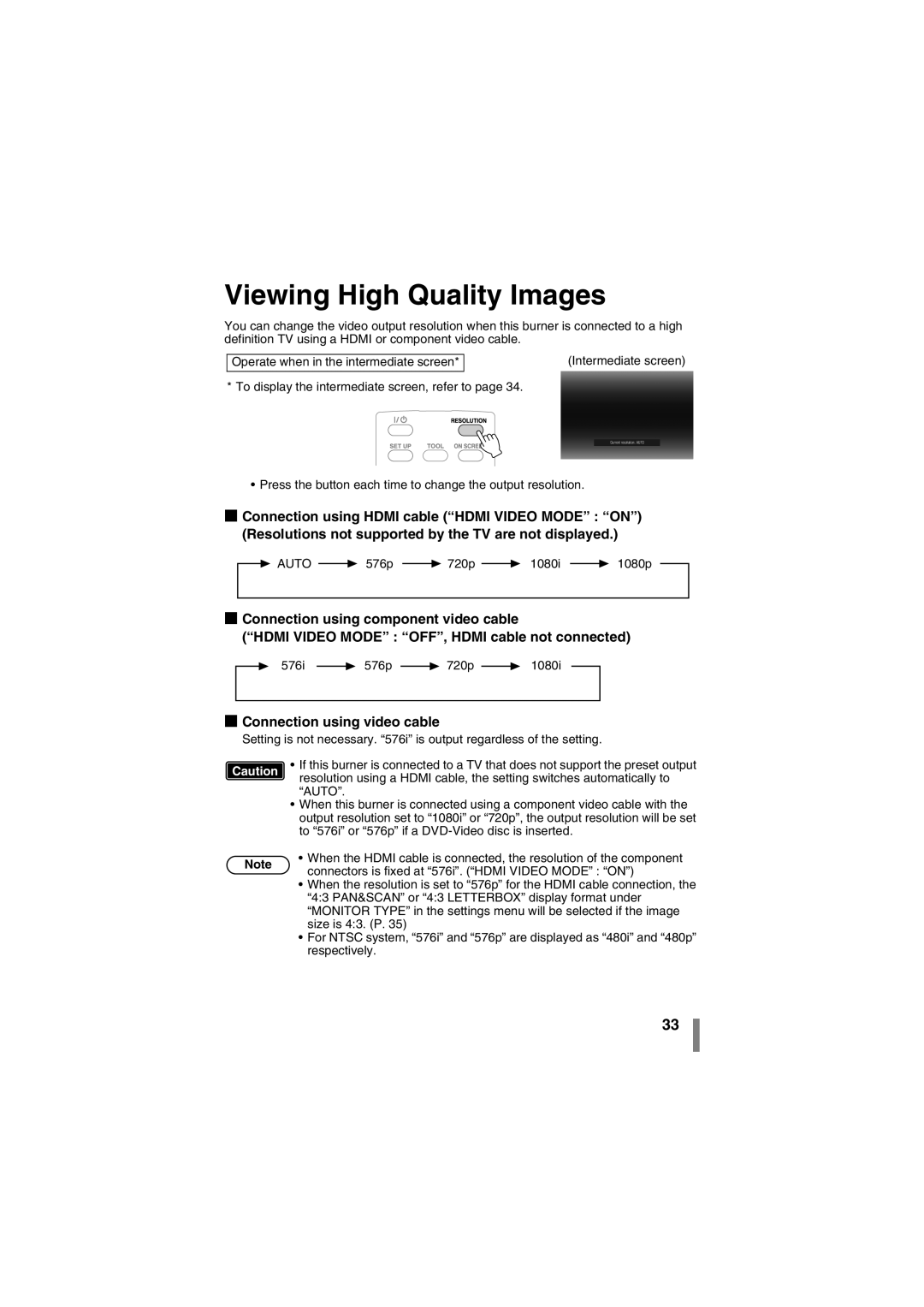 JVC CU-VD50AA manual Viewing High Quality Images, Connection using video cable, Auto 