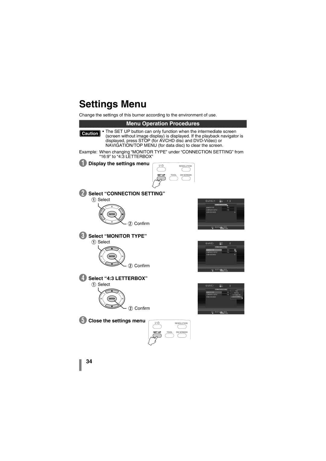 JVC CU-VD50AA manual Settings Menu, Menu Operation Procedures 