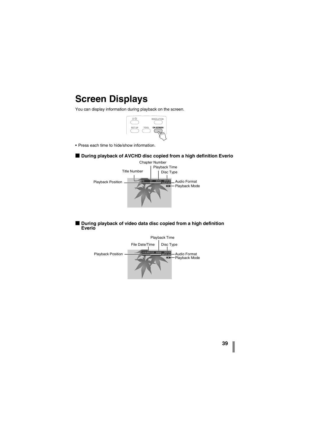 JVC CU-VD50AA manual Screen Displays 