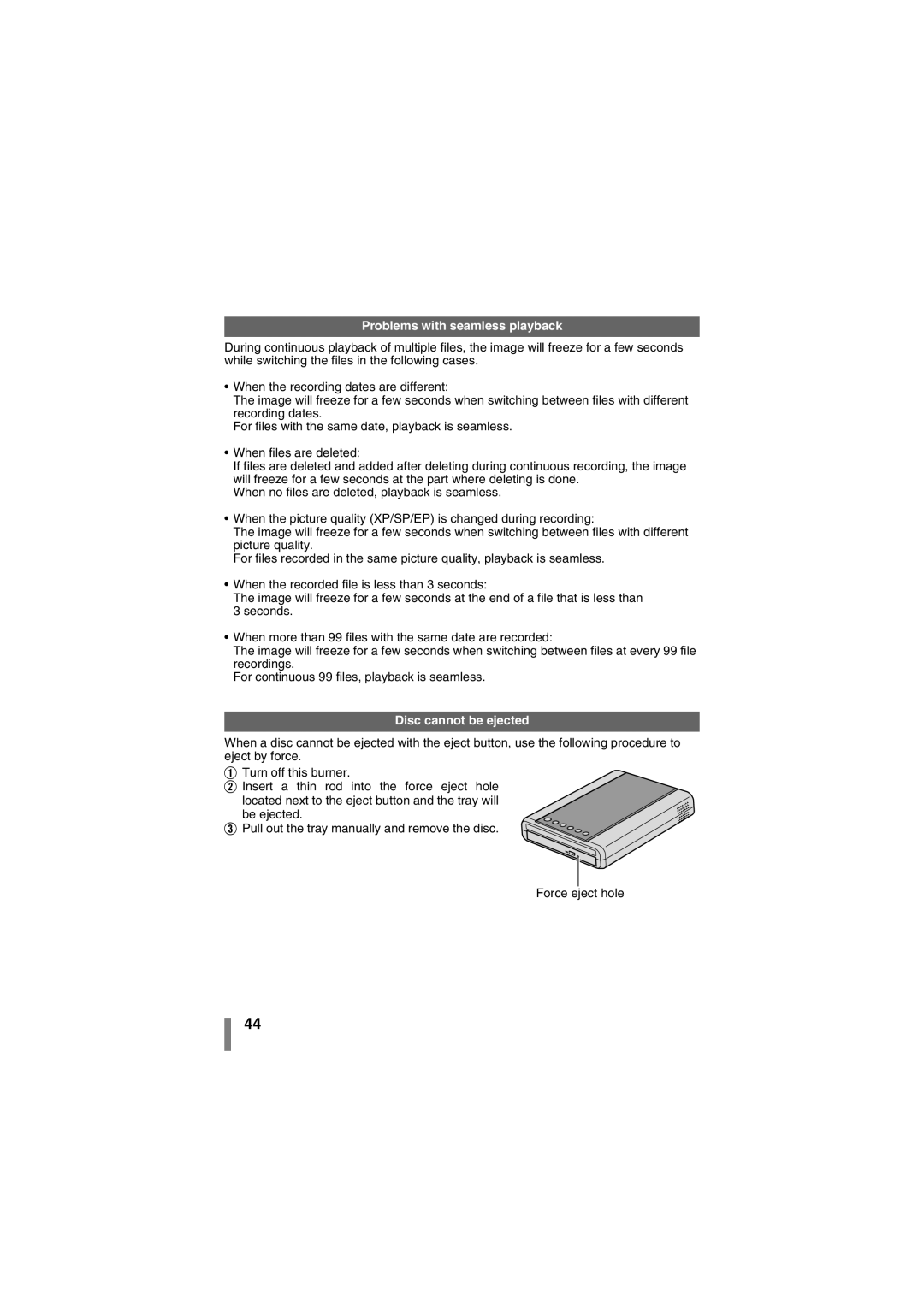 JVC CU-VD50AA manual Problems with seamless playback, Disc cannot be ejected 