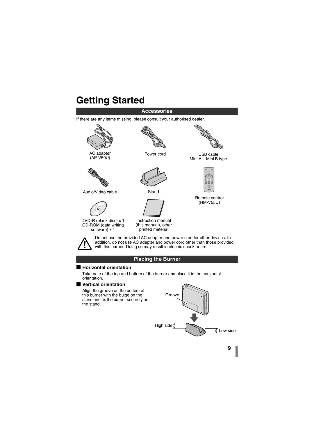 JVC CU-VD50AA manual Getting Started, Accessories, Placing the Burner, Horizontal orientation, Vertical orientation 