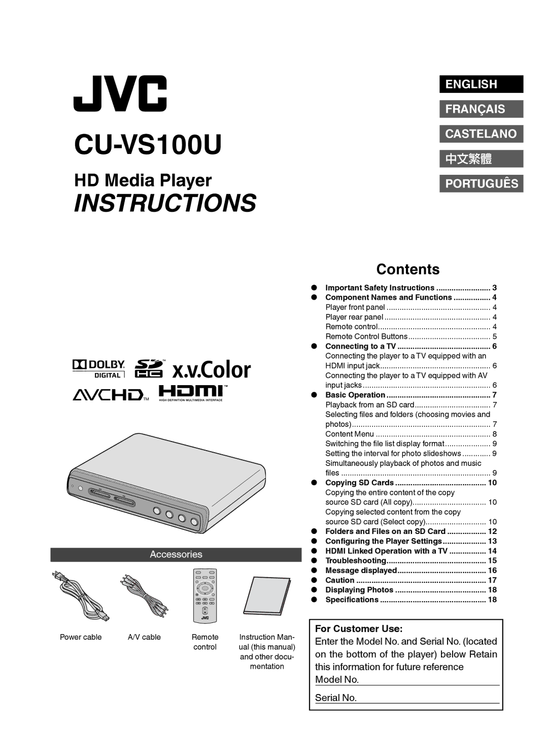 JVC CU-VS100U instruction manual HD Media Player 