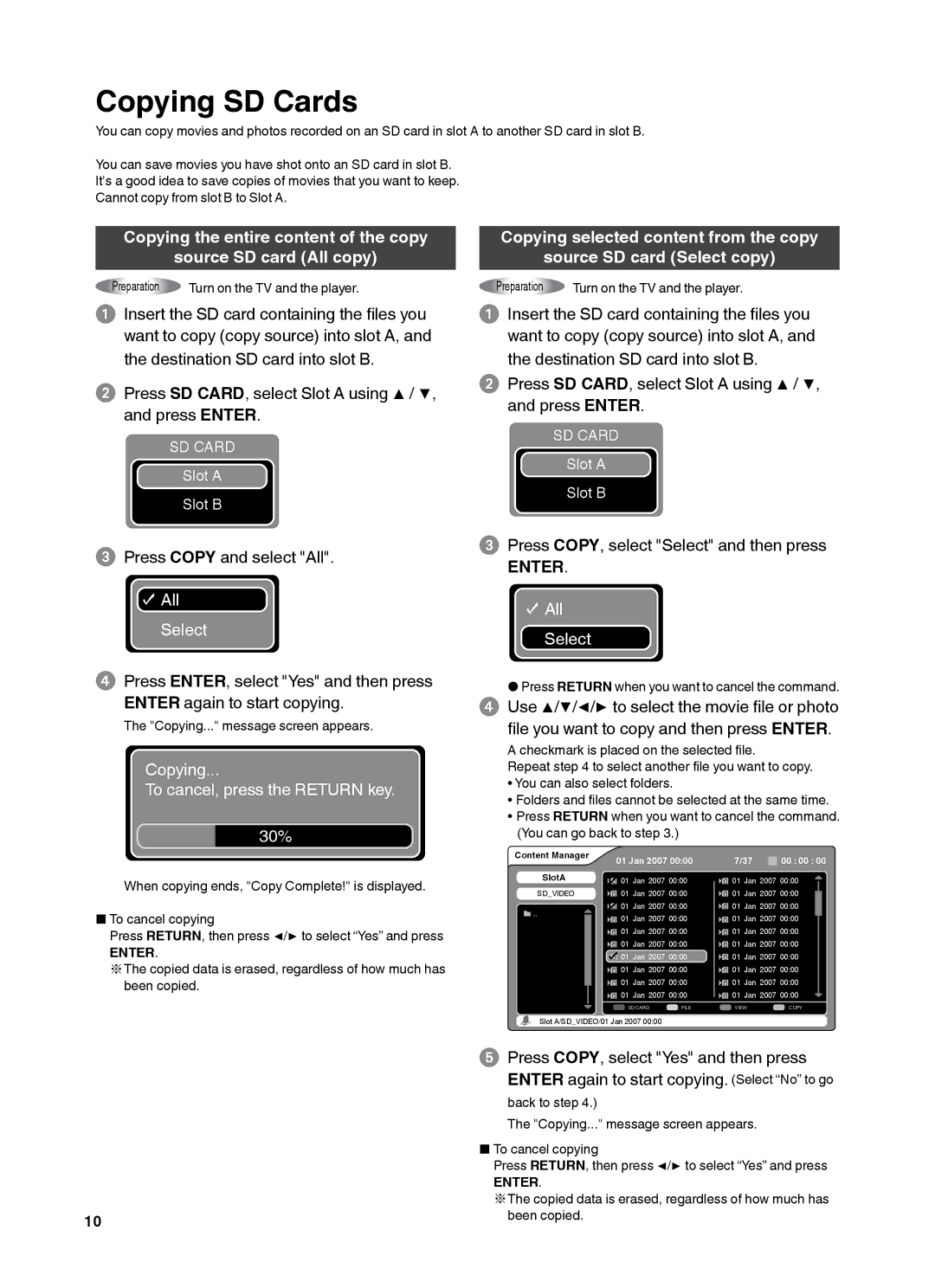 JVC CU-VS100U instruction manual Copying SD Cards, Preparation, Copying... message screen appears 