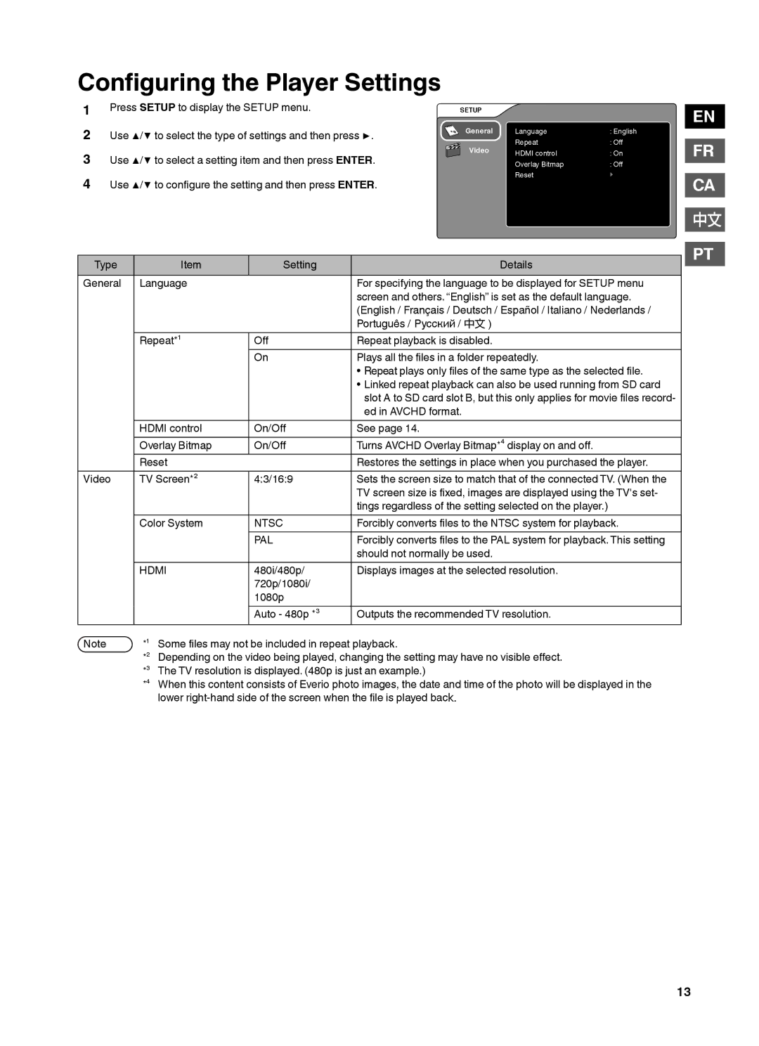 JVC CU-VS100U instruction manual Conﬁguring the Player Settings 