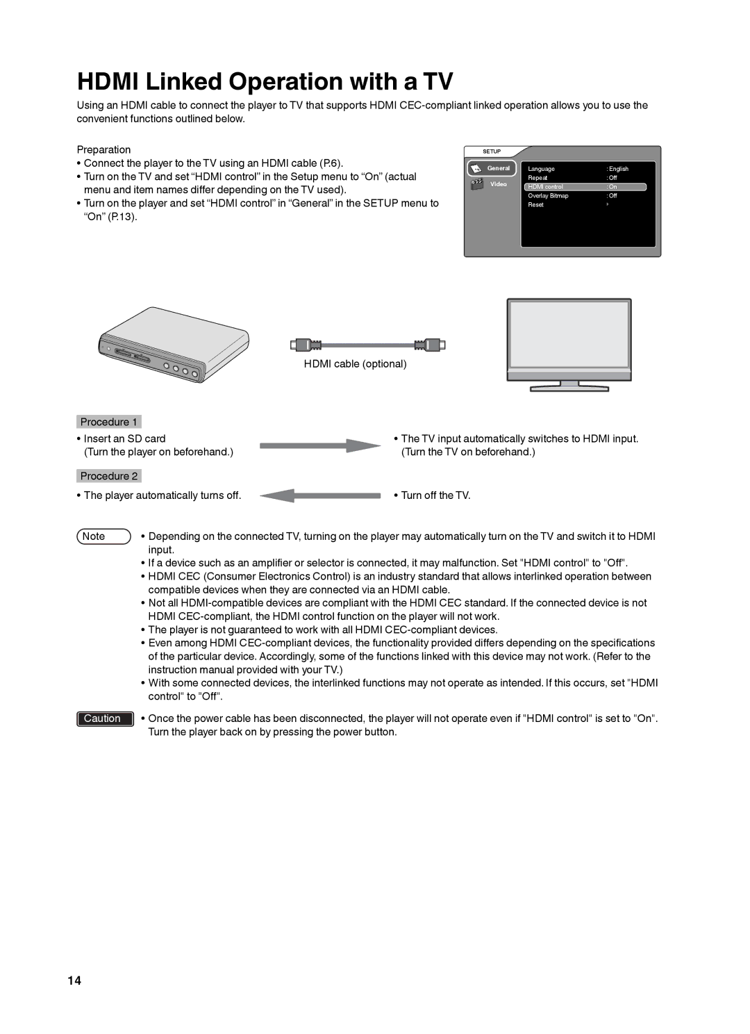 JVC CU-VS100U instruction manual Hdmi Linked Operation with a TV, Turn the player back on by pressing the power button 