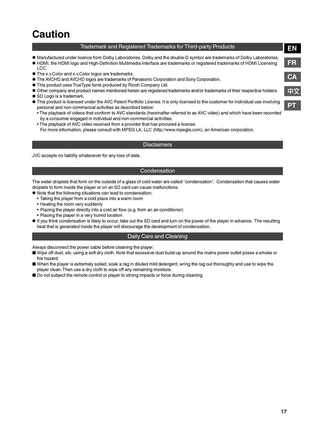 JVC CU-VS100U instruction manual Condensation, JVC accepts no liability whatsoever for any loss of data 