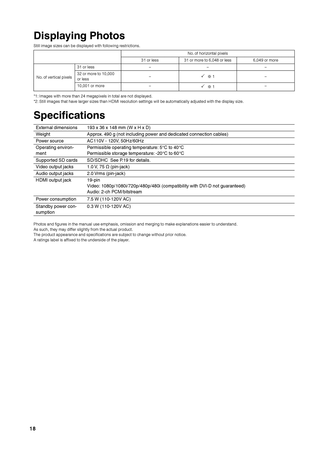 JVC CU-VS100U instruction manual Displaying Photos, Speciﬁcations 